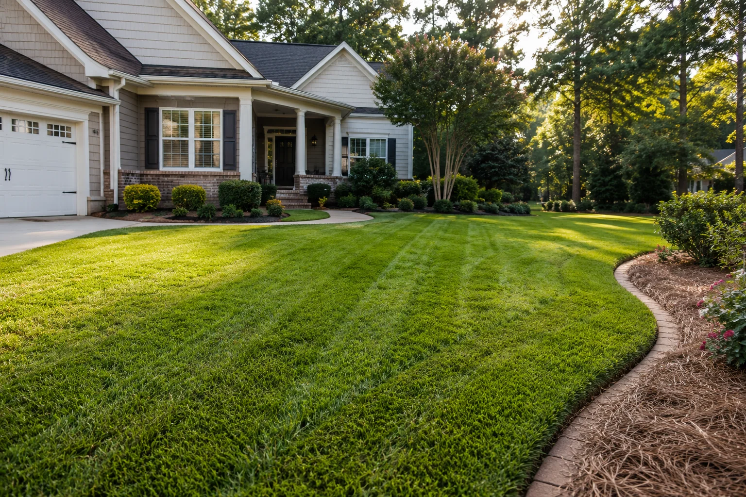 Maintained residential lawn and landscaped planting beds